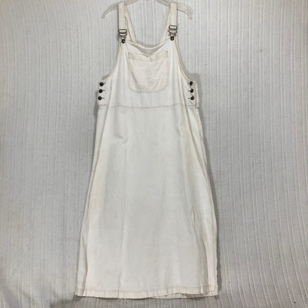 L.L. Bean Womens Petite 12 Linen Overall Dress White Sleeveless Midi